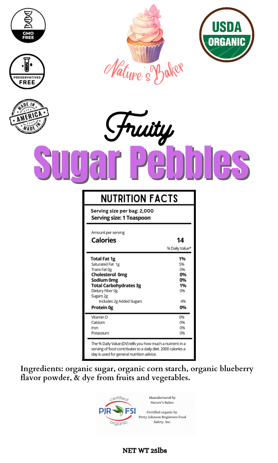 Bulk Organic Fruity Sugar Pebbles smallest size nonpareil- 25 pounds